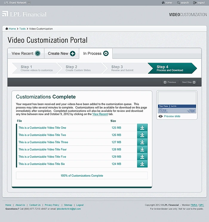 Visual design layout of Step 4: A display showing that all videos are 100% complete and ready for download.