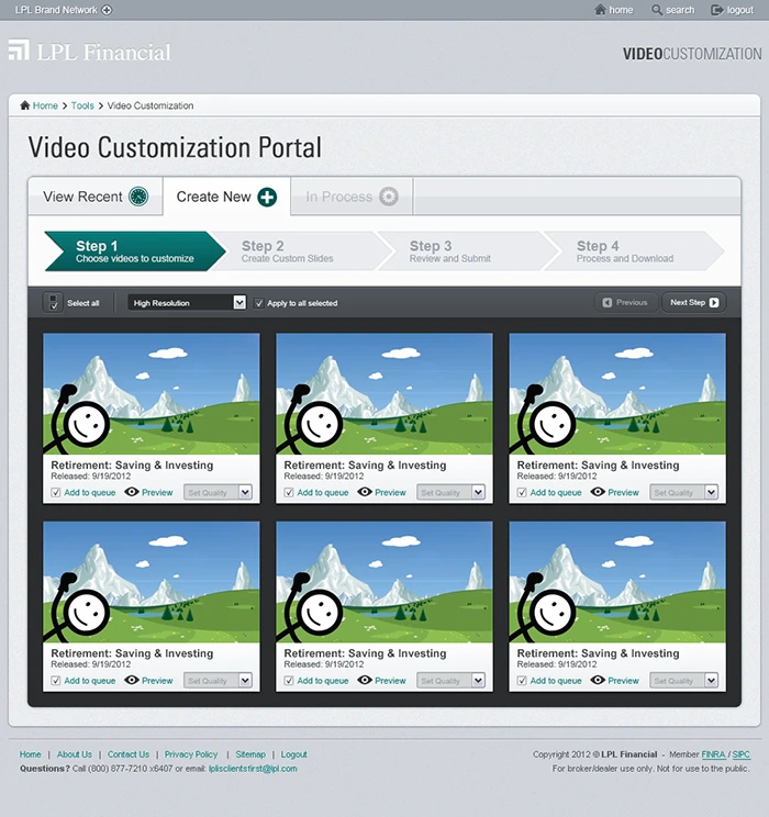 Visual design of Step 1: Selecting and configuring new custom videos.