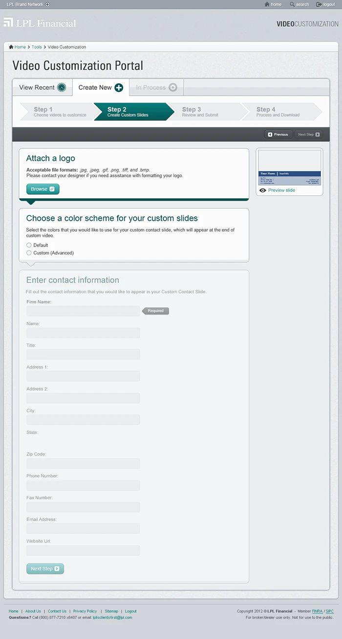 Visual design of Step 2: A series of forms for adding business details, logo, and other customizations.