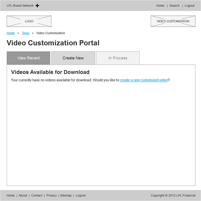 A wireframe layout of the user interface for the first screen after login.