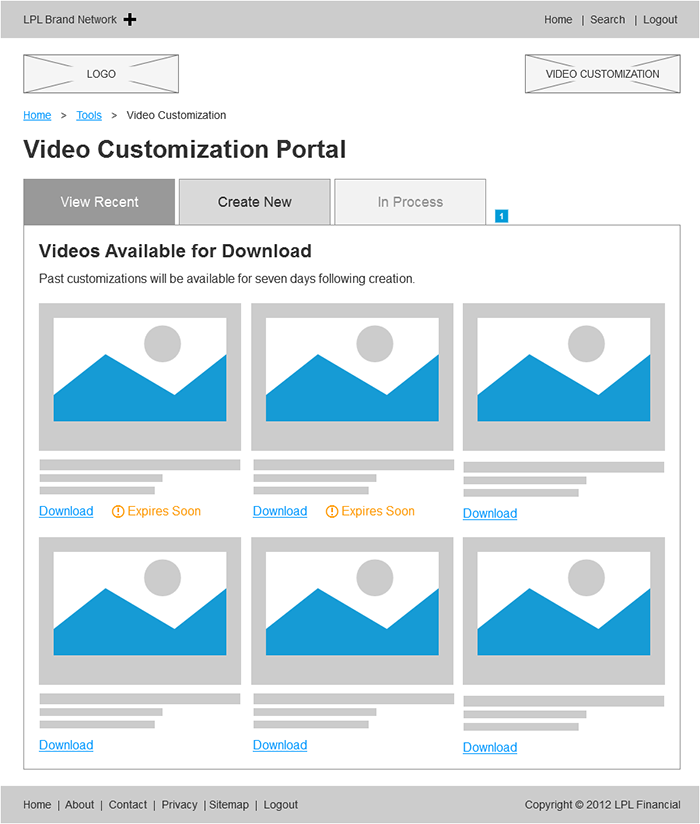 A wireframe layout of the main dashboard user interface with videos waiting for download.