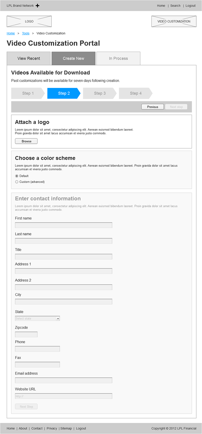 A wireframe layout of Step 2: A series of forms for adding business details, logo, and other customizations.