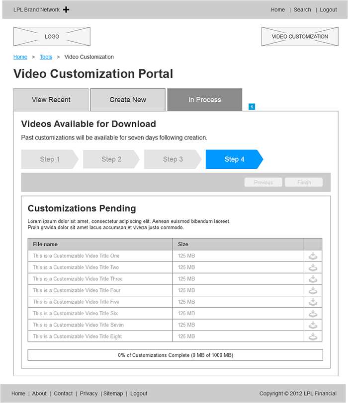 A wireframe layout of Step 4: A display of the current status for all videos currently processing.