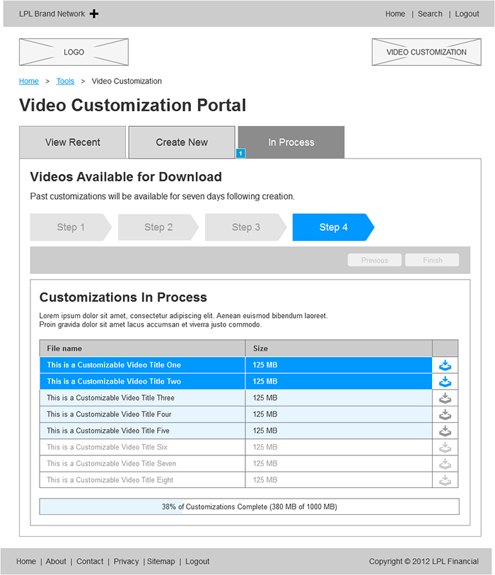 A wireframe layout of Step 4: A display of all completed videos and status of those still processing.