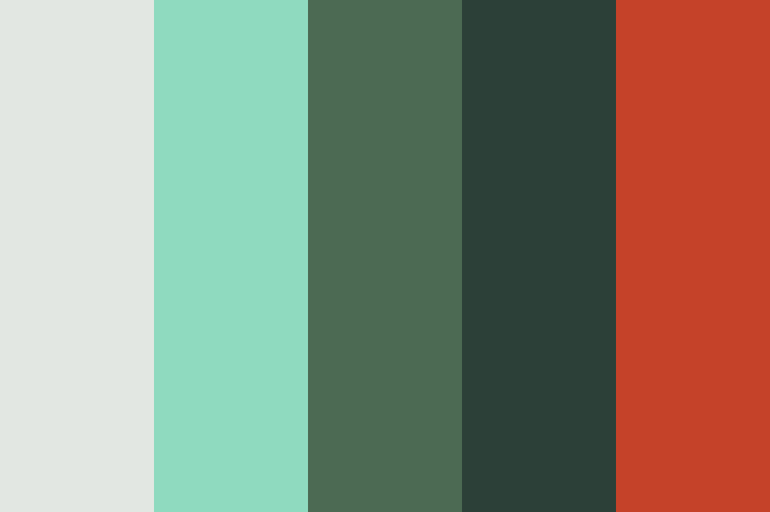 Five vertical stripes of color: light gray, mint green, forest green, dark forest, firebrick red.