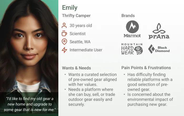 Persona for Emily, including brands, wants & needs, and pain points & frustrations.