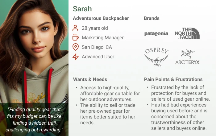 Persona for Sarah, including brands, wants & needs, and pain points & frustrations.