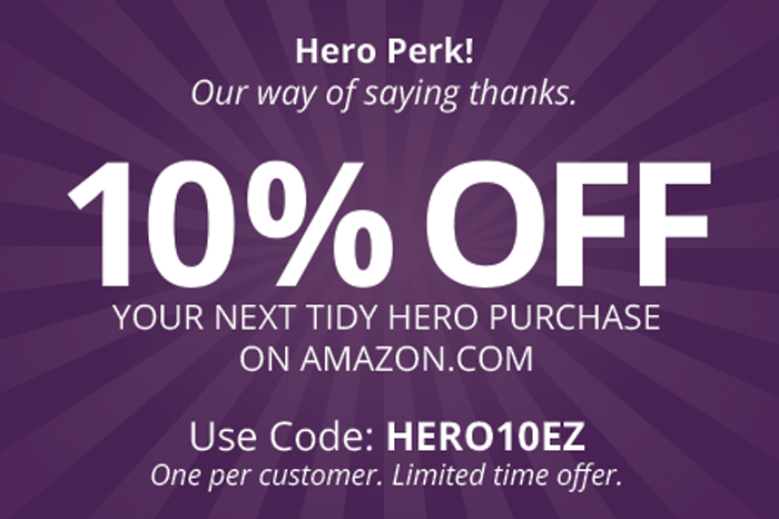 Product insert with a 10% off next purchase offer, white text on a purple background.