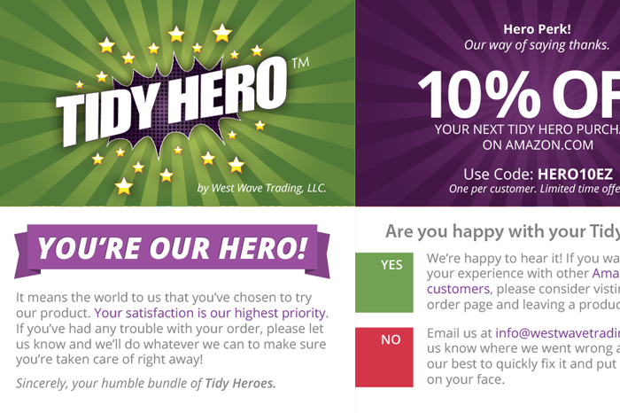 Four sides of a two-fold product insert included in every Tidy Hero package.