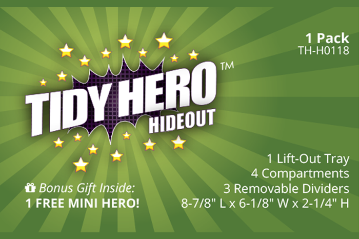 A bright green product label for Tidy Hero hideout storage boxes, including dimensions and features.