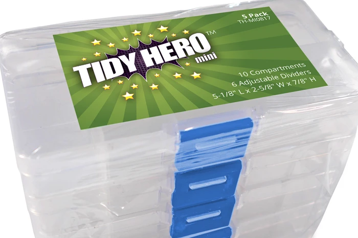 A top down look at a package of Tidy Hero Mini storage boxes with a bright green label.