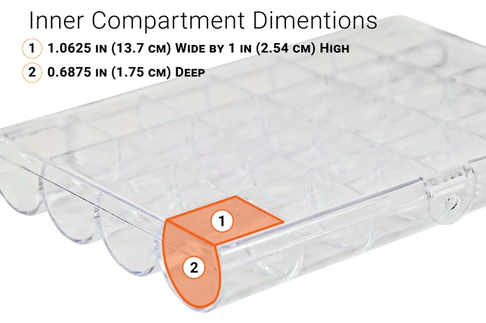 A technical shot of a Tidy Hero Lil' Dipper illustrating the inner, individual compartment dimensions of the storage box.