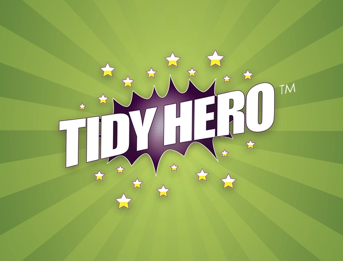 Tidy Hero logo against a green background color surrounded by stars.