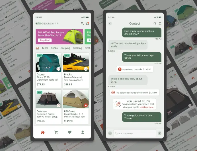 Mobile app user experience design, two screens side by side.