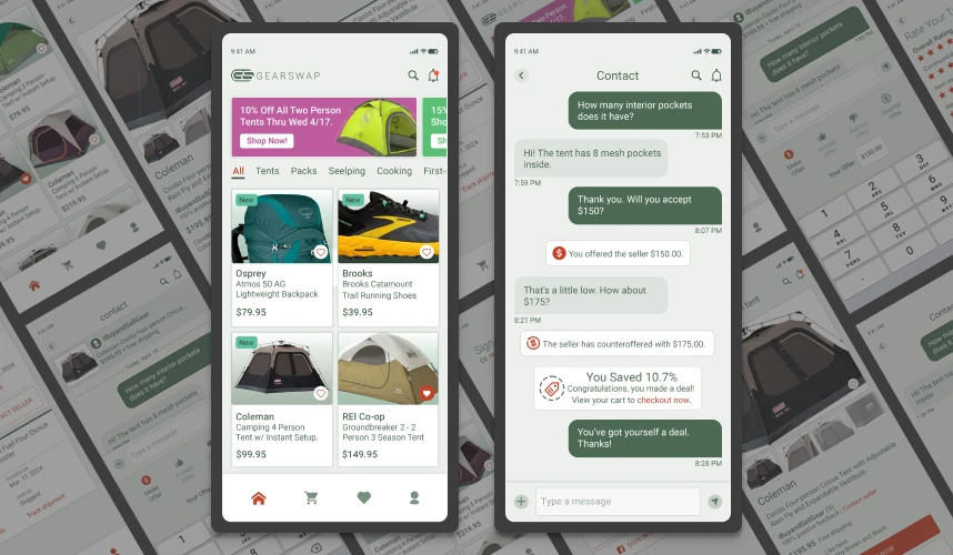 Mobile app user experience visual design, two screens side by side