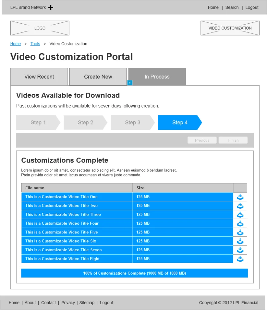 Web app user experience wirefames layout for step 4 complete